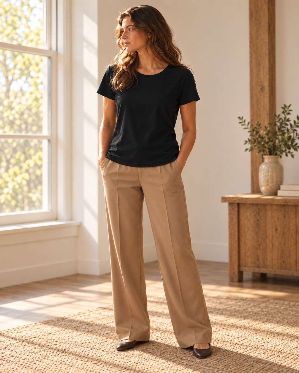 Black Pima cotton tee styled with camel trousers