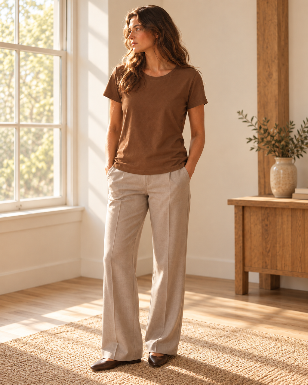 Brown Pima cotton tee styled with warm stone trousers